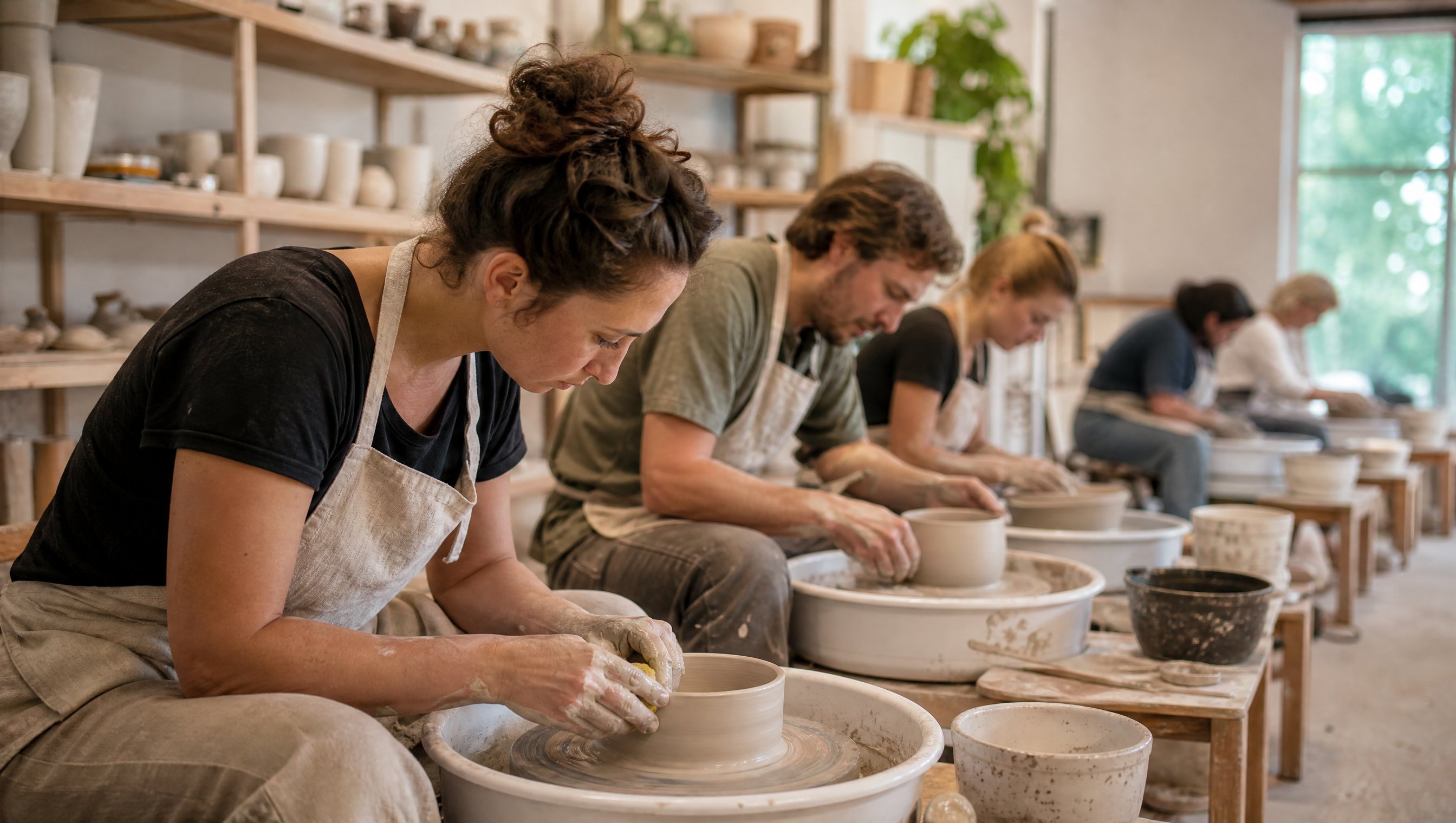 Rij draaischijven in een keramiekcursus atelier