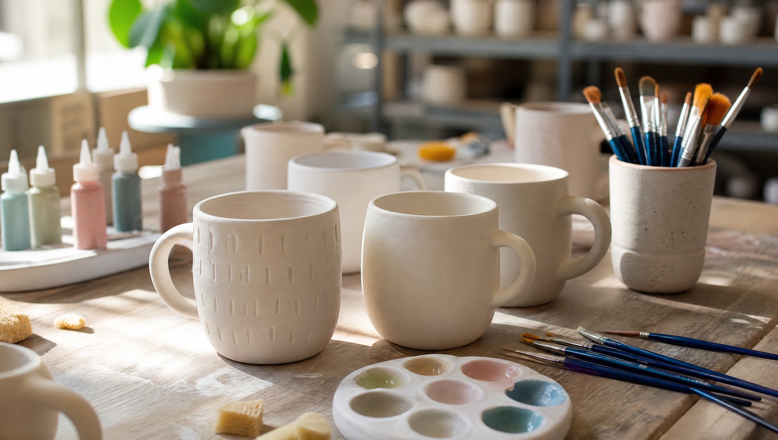 Bisque mokken en keramiekverf klaar voor een paint-your-own workshop